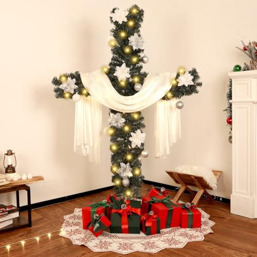 Künstlicher Kreuzbaum mit Lichterkette, weißem Seidenschal und 10 Weihnachtsstern-Blumen, Weihnachtsstern-Dekorationen, Jesus Christus, katholisches Kreuz, Dekoration für den Außenbereich, 152 cm