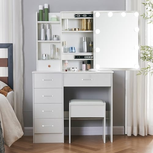 LIANWANG Toeletta Trucco con Luci LED Illuminazione, Luminosità Regolabile, Toeletta Trucco con Sgabello e Specchio, 4 Ripiani, Moderna, Bianco, 80 x 36 x 131cm
