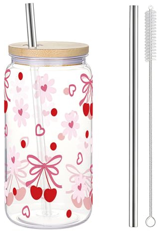 AuraFusion Clean Girl drinking glass with straw and lid, 16 oz glass cup with cherry blossom, bow and heart pattern, versatile for coffee, cocktails and more