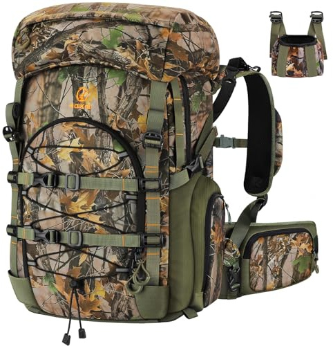 Kalkal Hunting Backpack with Buckle Quick-Release Rifle System, 42L Waterproof Silent Camo Bow Hunting Pack with Rain Cover
