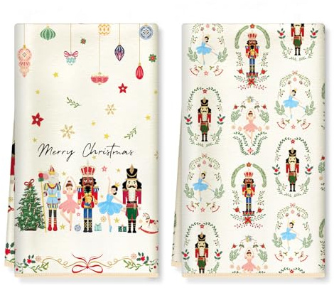 Arquiel Nutcracker Christmas Balls Microfiber Kitchen Towels, Soft Absorbent White Hand Towel 40 × 60 cm, Thick Dish Cloth for Christmas Party Holiday Decoration Housewarming Gifts
