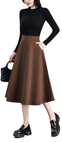 BiilyLi Jupe Longue Femme Hiver Élégant Laine Carreaux Haute Taille A-Ligne Automne Taille élastique Midi Jupe Plissée Kaki -M(Taille élastique: 73 cm)