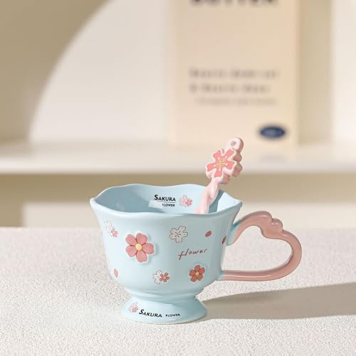 VollfitYYu Keramik Blumentasse süße Kafeetasse mit Löffel 380ml Porzellan Kakaobecher Kirschblüte Blumenmuster Milchbecher Frühstückstasse Geschenk für Frauen Mädchen Mama Freundin (Blau)