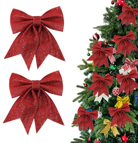 WeddHuis Lot de 2 Arcs de Noël Pailletés, Grand Noeuds de Noël, Noeuds Pailletés pour Couronnes, Guirlandes, Sapins, et Décorations de Noël, Gros Noeud Rouge Noël (Rouge)