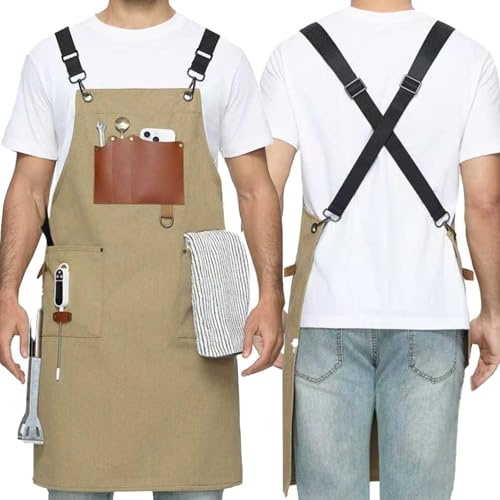 BOUND DUO Kitchen Apron - 3 Large Pockets, Cross Back Apron With Adjustable Straps, Cooking Kitchen Chef Apron For Women And Men, Wear-Resistant & Easy To Clean.(Khaki)