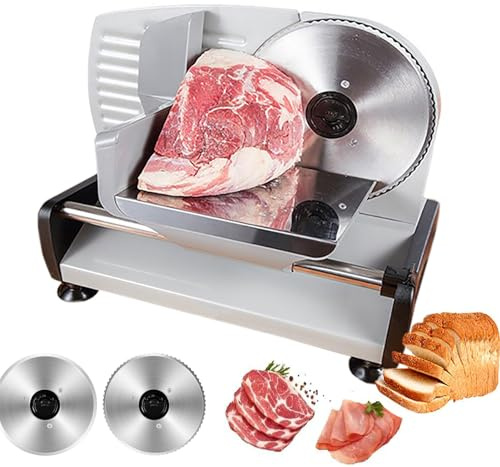 Cortadora De Fiambres, Cortadora EléCtrica De 200W, Doble Cuchilla Desmontable De Acero Inoxidable De 190mm, ProteccióN De Bloqueo Para NiñOs, Grosor Ajustable De 1 A 15mm, Carne, Queso, Pan Silver