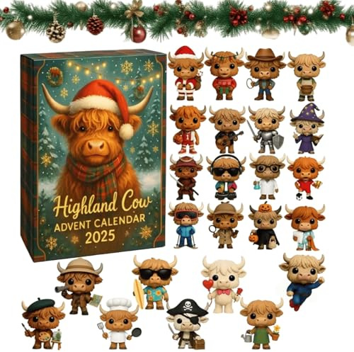 Highland Cow Advent Calendar 2025,Highland Cow Christmas Decoration,24 Days of Christmas Countdown Calendar with Mini Highland Cow Ornaments,For Christmas Tree Home Decor