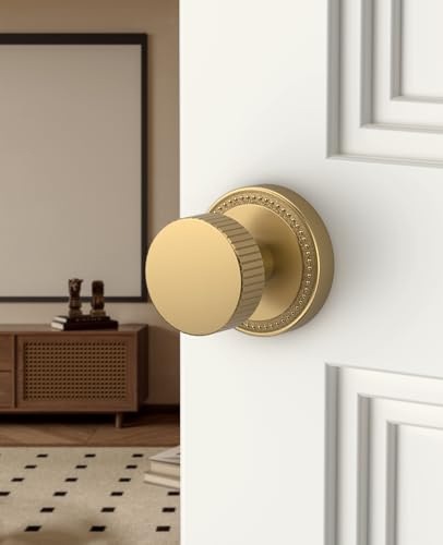 Amerdeco 1 Pack Champagne Bronze Privacy Door Knobs with Lock, Door Handles with Champagne Bronze Door Knobs Interior for Bedroom or Bathroom, Heavy Duty Door Lever for Left Right Sided Doors AM054