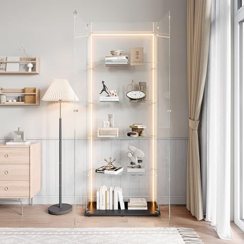 SUNFECILI Glasvitrinskåp med 5 hyllor, stående vitrinskåp med lås och sensorljus, samlarvitrinskåp med 2 dörrar, monter transparent möbelmonter (svart basplatta, ljuslist)