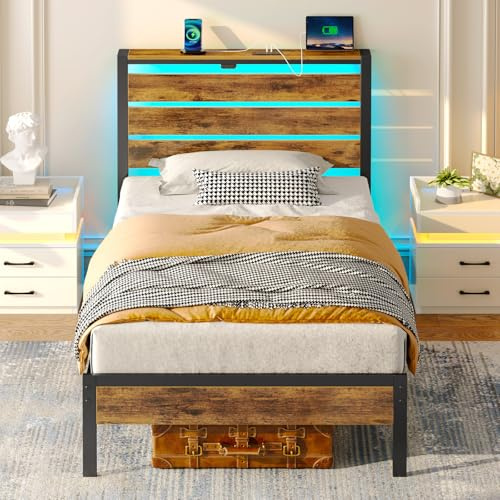 Rolanstar Bettgestell mit LED, Metallbettl mit USB-Ladestation & Holzkopfteil mit Stauraum, Jugendbett mit Stauraum unter dem Bett, perfekt für Schlafzimmer (Vintagebraun, 90 x 200)
