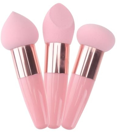 Aplicador de Esponja de Maquillaje Set 3 Piezas Rosa Látex | Cabezal Seta, Uso de Viaje, para Niñas, Formato Portátil, Herramienta Cosmética Multifunción Estilo Aleatorio