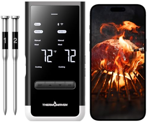 ThermoMaven Smart Bluetooth Wireless Meat Thermometer with Standalone Base, 6 Sensors with NIST Certified Accuracy, Long Range WIFI Stability, 2 Probes for Grill, Smoker, Oven, BBQ, White