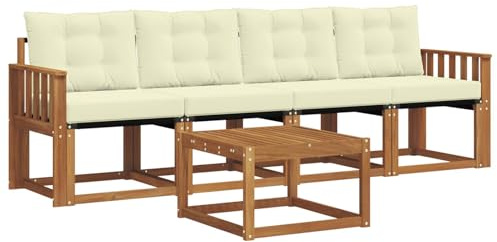 Mhdvray 5-teilige Outdoor-Sofagarnitur mit Kissen, Lounge-Set aus massivem Akazienholz und Textilene für Garten, Terrasse und Balkon, Gartenmöbel-Set Holz, Natur und Creme