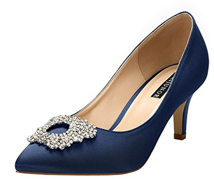 ERIJUNOR Women's Pumps Low Heel Rhinestone Brooch Satin Evening Dress Wedding Shoes