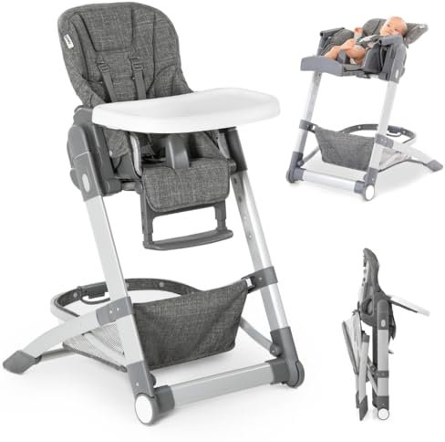 hauck Baby Hochstuhl Grow Up mit Liegefunktion ab Geburt - Babystuhl mit Tisch, Rollen, klappbar, mitwachsend und höhenverstellbar - Grau Melange
