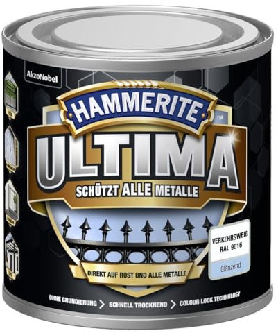Hammerite Ultima Glänzend, Metallschutzlack, Verkehrsweiss RAL9016, 250ml