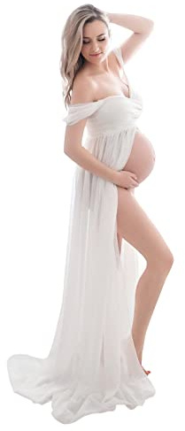 FEOYA - Ropa Embarazadas Mujeres para Sesión de Fotos Vestido Embarazada con Encaje Chifón Mujer Maxi Falda Larga de Fotografia de Maternidad Hombros Descubiertos para Atrezzo Fotografia Fiesta - L