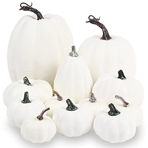 LOMIMOS 12pcs Halloween White Decorative Pumpkins,Assorted Size Artificial Pumpkins for DIY Fall Harvest Thanksgiving Home Decorating Embellishing and Displaying