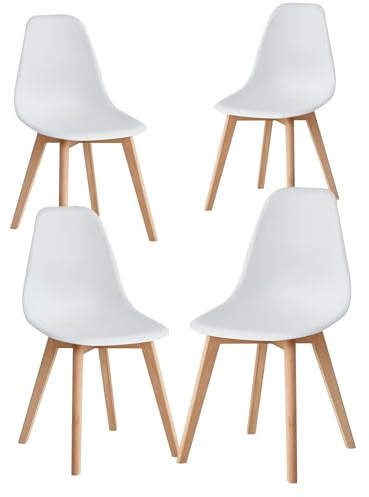 EGOONM 4er Set Skandinavisches Esszimmerstühle, Esstischstühle aus Kunststoff mit Holzbeinen (Weiß
