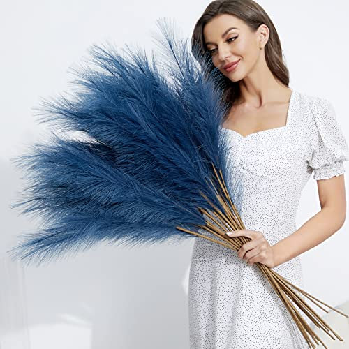 FOTEEWL 8 PCS Faux Pampas Grass Decor 38/3.1FT Tall Fake Pompas Floral Large Artificial Pompous Grass Branches Plants for Floor Vase Filler Home Boho Decoration (Blue)