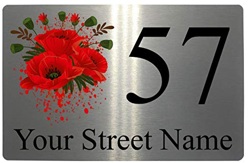 Custom Personalised Address & Number Poppy Metal Aluminium Sign Plaque Door House (5x7 inches, Brushed Silver)