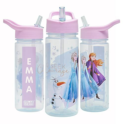 Disney Frozen Magic Personalised Sticker Water Bottle with Straw 500ml – Official Merchandise by Polar Gear, Kids Reusable Non Spill BPA Free Tritan – Ideal For School Nursery Sports Picnic