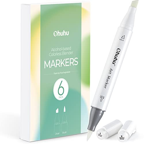 Ohuhu Alkoholmarkers Colorless Blenders - 6er-Pack Alkoholtinte No.0 Blender Brush Pen Markers zum einfachen Mischen von Schichten mit Alcohol Markers