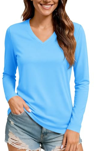 TACVASEN Women Long Sleeve V Neck Athletic Shirt Dry Fit UPF 50+ Rash Guard Hiking Running Active Tops Waterfall Blue XL