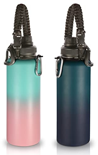 Volhoply 1200ml Gourde Inox avec Poignée en Paracorde 2 Paquets,1.2 litre Bouteille Isotherme Double Paroi Sans BPA,Bottle Réutilisable en Métal Étanche pour Sport,Adulte(Assortiment,2 Set)