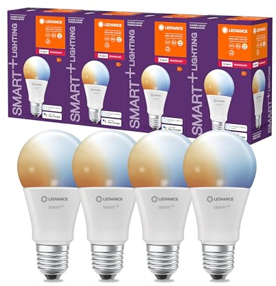 LEDVANCE Smart+ Lampe mit ZigBee Technologie, 9W, A60, matt, Sockel E27, Lichtfarbe Tunable White, 806lm, 4er Pack