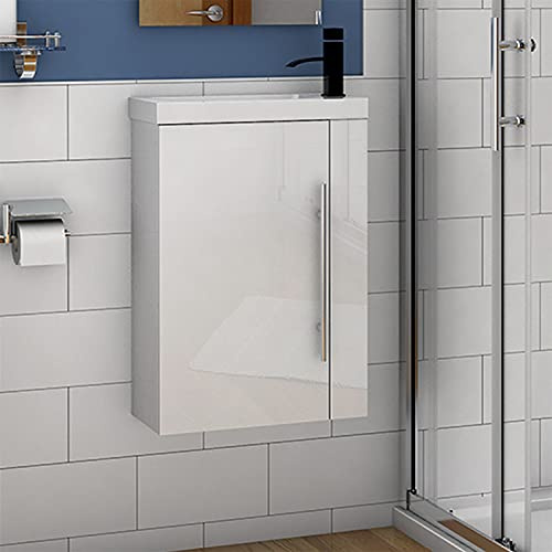 Aica Sanitär Waschtisch mit Unterschrank Hochglanz 45cm Weiß Badmöbel Set Gäste WC Waschbecken mit Unterschrank