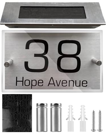 BNGXR Numero Civico Solare Illuminato, 4 LED Acciaio Inox Numero Civico Personalizzato, Energia Solare Numeri Casa