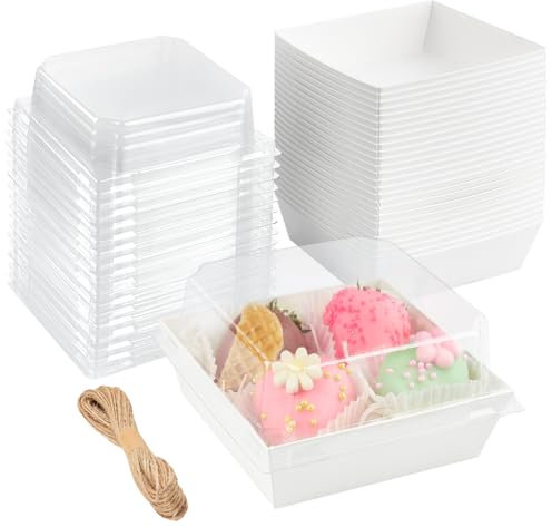 ZORRITA 50 Pack Small Paper Charcuterie Boxes with Clear Lids, 4×4 Inch Mini Cake Slice Boxes To Go Bakery Containers for Individual Desserts, Cookies, Strawberries, Treats (White)