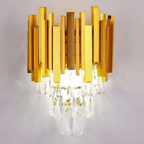 FRIXCHUR Kristall-Wandleuchte Gold 2 x E12 | Moderne Wandlampe für Schlafzimmer, Wohnzimmer, Flur und Treppenhaus.