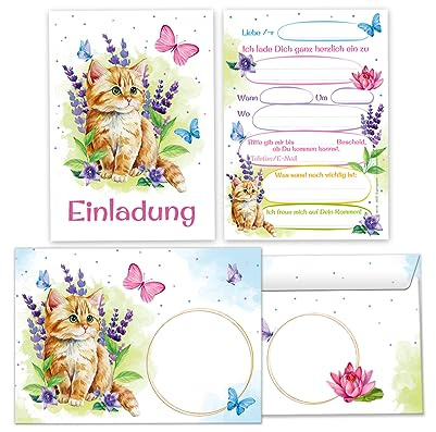 Minkocards 12 Einladungskarten incl. 12 Umschläge zum Kindergeburtstag Mädchen Katze Kätzchen Einladungen zum Geburtstag Kinder Einladungsset