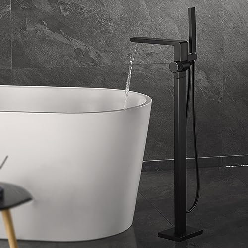 Bodenstehend Standarmatur Freistehend Wannenarmatur, 360° Schwenkbar 1-Loch Armatur für Freistehende Badewanne Mit Handbrause,Schwarz