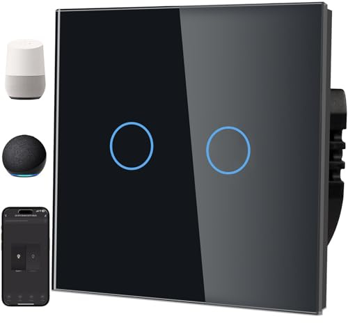 TAWOIA Smart Alexa Lichtschalter (Neutralleiter erforderlich), Wlan Lichtschalter mit Glasscheibe, Sprachsteuerung für Alexa, kompatibel mit Smart Life und Tuya App 2Fach 1Weg Schwarz