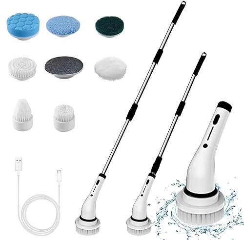 Electric Spin Scrubber, Cordless Cleaning Brush with 7 Replaceable Drill Brush Heads, Tub and Floor Tile 360 Power Scrubber Mop, Adjustable Handle Power Scrubber for Bathroom, Kitchen, Car, Floor