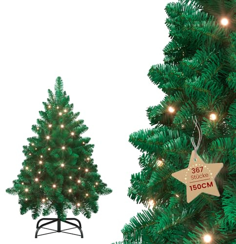 Aufun Künstlicher Weihnachtsbaum Tannenbaum mit Beleuchtung 180 LED warm-weiß inkl. Metallständer 367 Spitzen, PVC Christbaum für Weihnachten-Dekoration Mehrweg (150cm, Grün PVC+LED)
