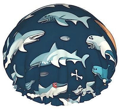 Hai-Duschhaube mit nautischem Druck, wiederverwendbar, doppelte wasserdichte Schichten, Badehut, schnell trocknende Badekappe