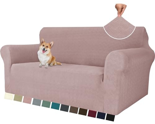 YSTELLAA Stretch Sofa Überzug 2 Sitzer, Sofaschoner rutschfest Mit Armlehne, Dicke Sofabezug Für Hunde Katzen Und Haustiere, Universal Jacquard Sofabezug, Waschbare Sofa Cover, Grau Rosa | Sofabezug mit Armlehnen, Sofa-Bezug, rutschfest und waschbar, super dehnbar, kratzfest