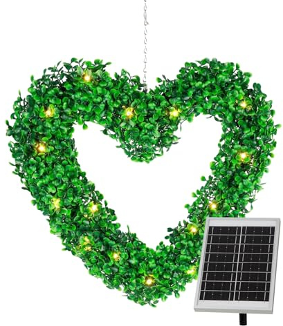Gardenwize - Solar Powered Hanging LED Artifical Topiary Heart Light, Outdoor Decorative Door Light Wreath Ornamental Heart Fence Wall Lighting