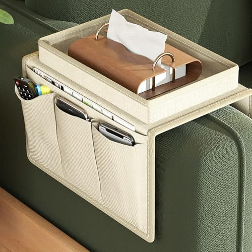 DZOZO Sofa Chair Couch Armrest Organizer Remote Control Holder Caddy Handset Holder Armchair Storage Bag with Cup Holder for Tablet, Phone, Pad, Book, Magazines, 6 Pockets