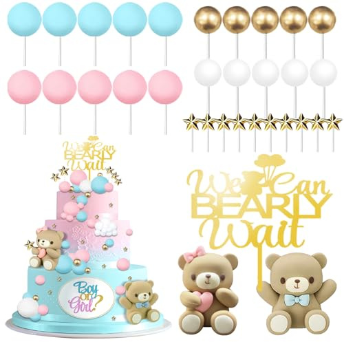 33 Pcs Bear Gender Reveal Cake Toppers, Pink and Blue Bear Cake Decorations with Stars, Pearl Balls, We Can Bearly Wait Cake Topper for Baby Shower, Boy or Girl, He or She Gender Reveal Party