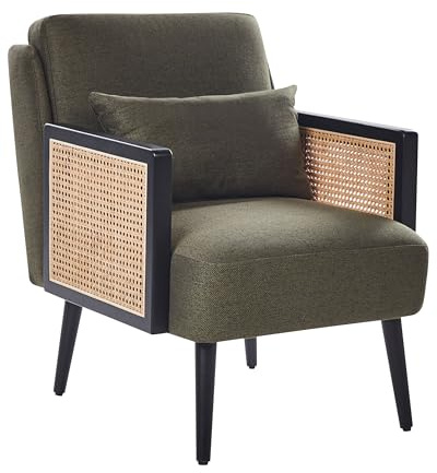 Sessel Stoff grün Wiener-Geflecht Rattan mit dunklen Holzbeinen Kissen Orum