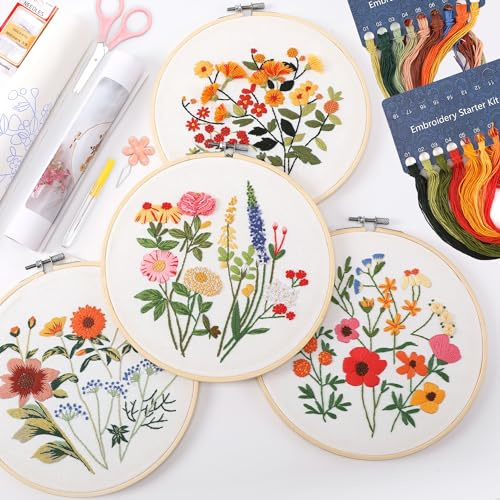 VIVIDOX 4 set broderisats för nybörjare och vuxna, blommiga växtkit korsstygn för startövning, blomma gör-det-själv-hantverk med stämplat mönster, bambuöglor, trådar, sax, verktyg och instruktioner
