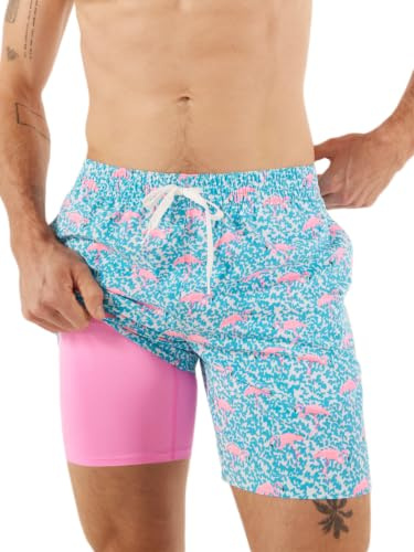 Chubbies Lined Mens Swim Trunks 7 Inch – Swim Shorts and Mens Shorts with Elastic Waist, Stretch, Boxer Brief Liner, UPF 50+ (Domingos are for Flamingos, L)