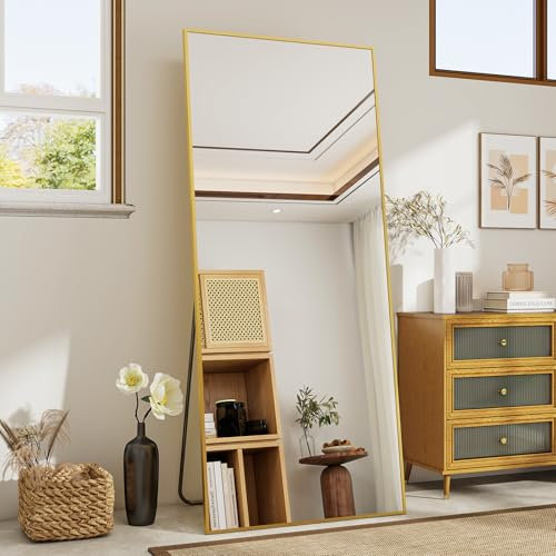 Koonmi 165 x 60 cm Standspiegel, robust Ganzkörperspiegel mit minimalistische schmaler Aluminiumrahmen, modern großer Wandspiegel stehend oder hängend für Wohnzimmer und Schlafzimmer, Gold