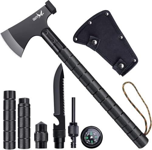 Golden Bird Axt Survival 9 in 1, Camping Survival Axt Set, Scharfe Camping Beil Multitool mit Hammerscheide Pfeife, Kompass