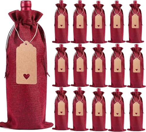 16 Stück Sackleinen Weinbeutel, Wiederverwendbare Weinbeutel Jute Weinbeutel mit Kordelzug Weinflaschenbeutel, Weinbeutel für Hochzeit Weihnachten Erntedankfest Geburtstag und Party, Rot